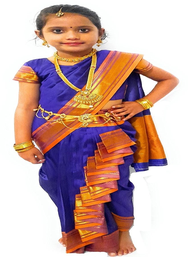 Luster Shahi Mastani Nauvari saree for baby girl Ready-to-wear Traditional belgaon silk paithani border Maharashtrian saree, use for School program, ganpati puja festival (Blue, 15-16 Years) - Image 4